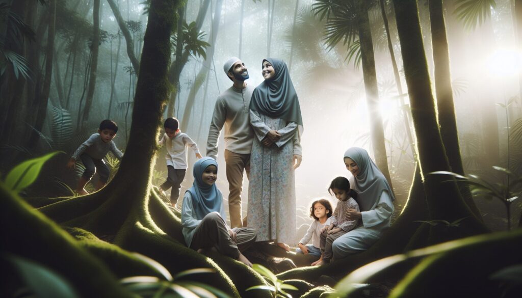 A diverse Muslim family explores a lush forest, reflecting nature's calming effect on children.