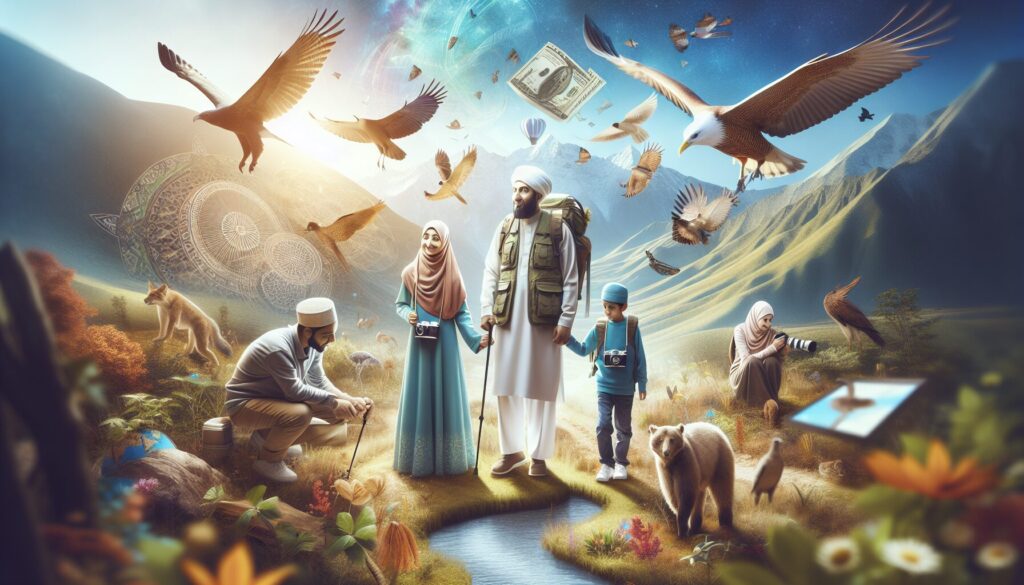 South Asian family hiking in nature, subtly blending Islamic lifestyle and natural beauty.