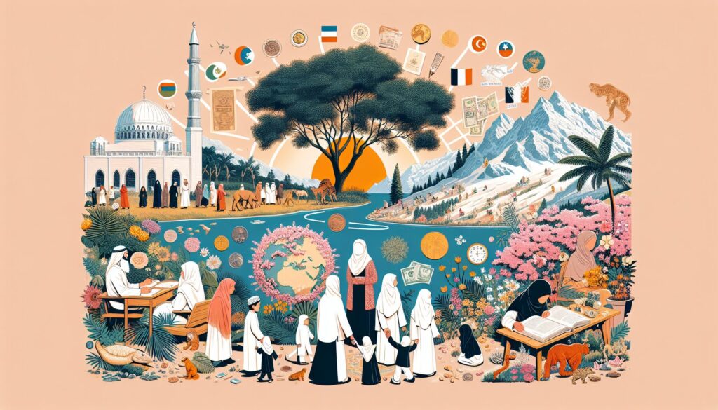 A serene scene depicting a family engaged in cultural education amidst natural beauty.