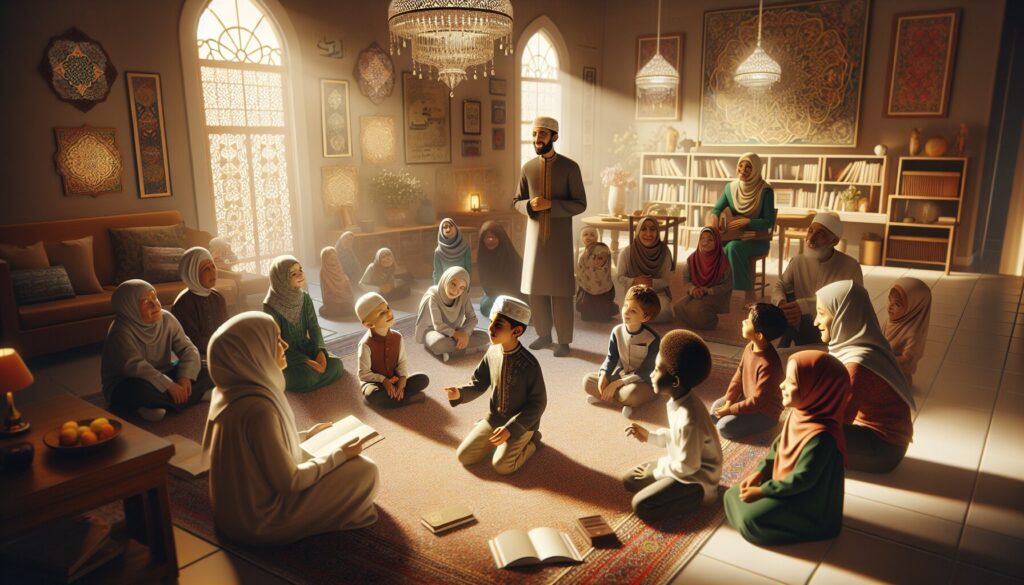 Children of diverse backgrounds engaged in Islamic storytelling at home with supportive adults.