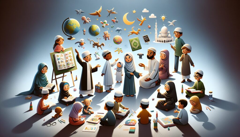 Muslim kids of diverse backgrounds engage in creative Islamic storytelling activities.