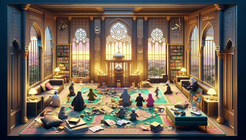 Muslim children engaged in interactive storytelling with educational tools in a warmly lit room.