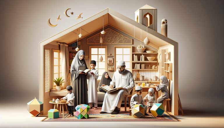 Diverse Muslim family engaged in activities, reflecting Islamic lifestyle and education at home.
