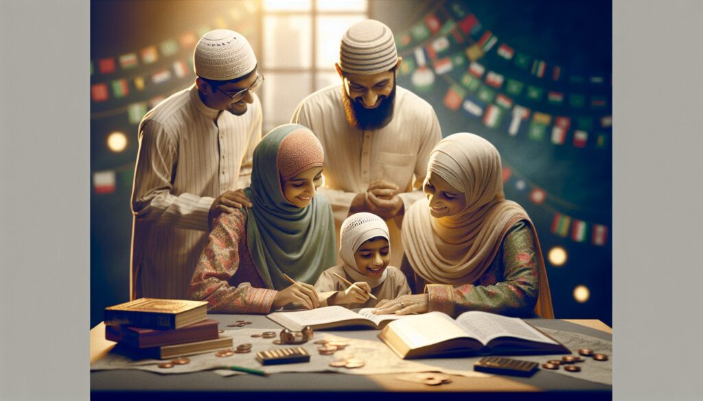 South Asian family joyfully engaged in educational activity, highlighting Islamic teaching values.