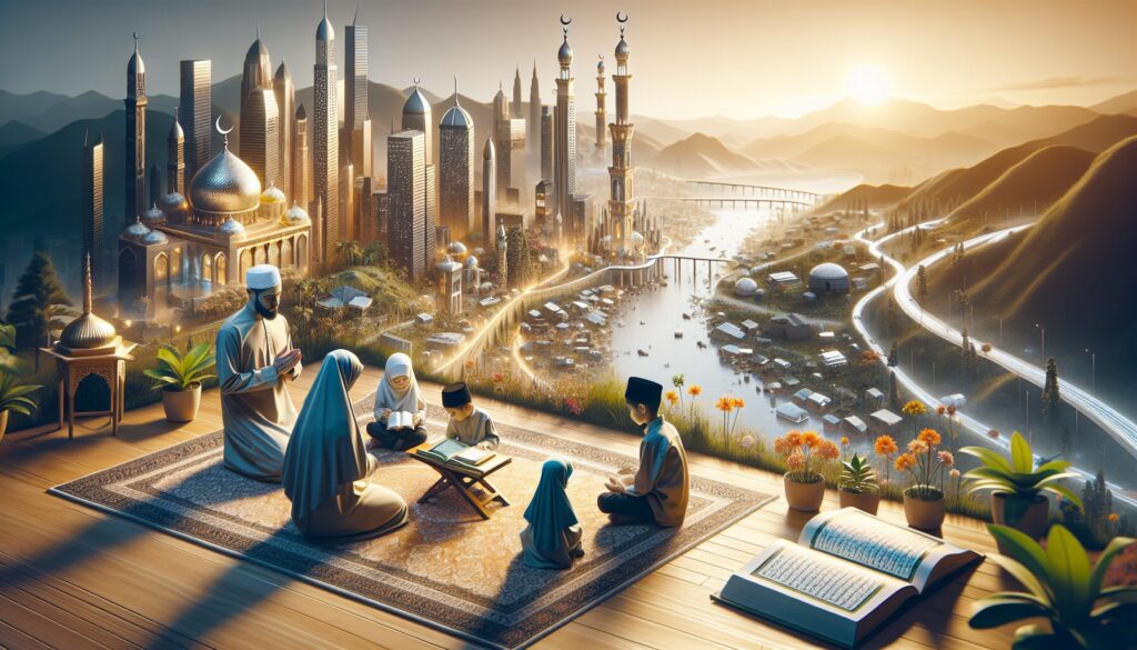 Muslim children engaged in kids prayer learning activities at home with family