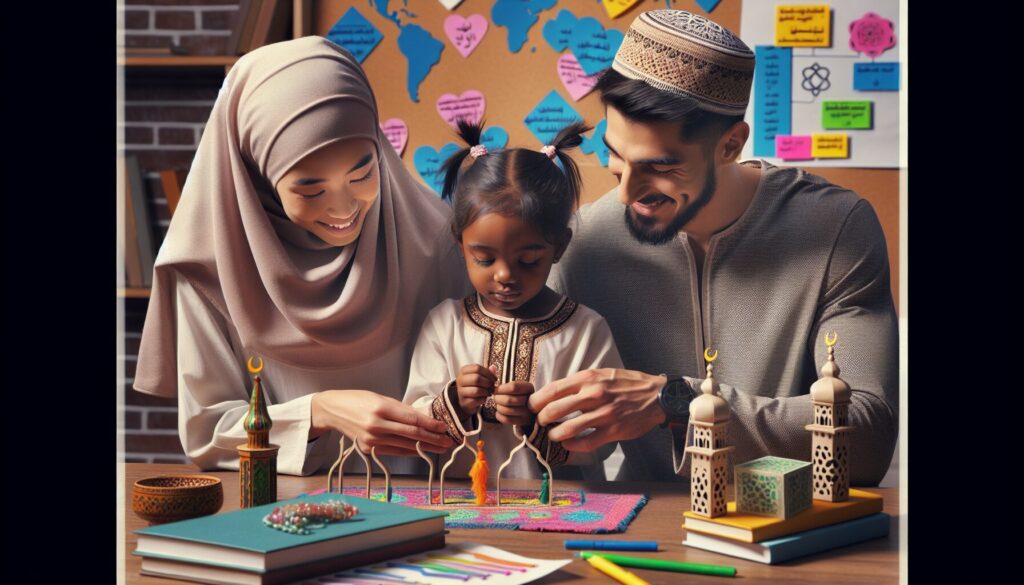 Parents helping child with kids prayer learning activities using colorful crafts at a table