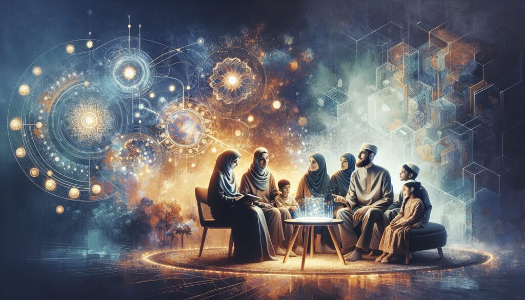 Family in cozy home using storytelling app with Islamic art on screen.