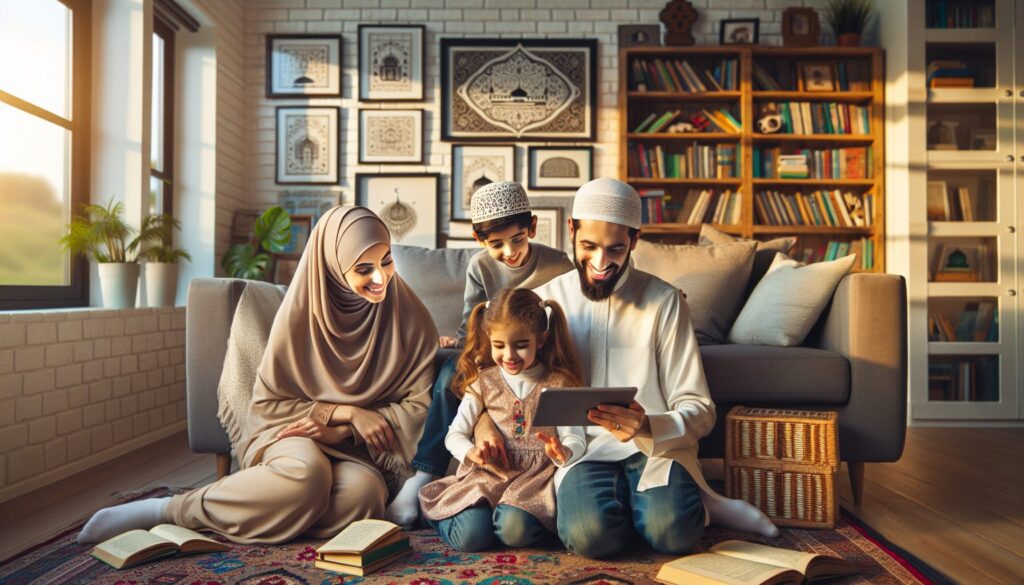 Middle-Eastern family using storytelling apps together, surrounded by Islamic decor and books.