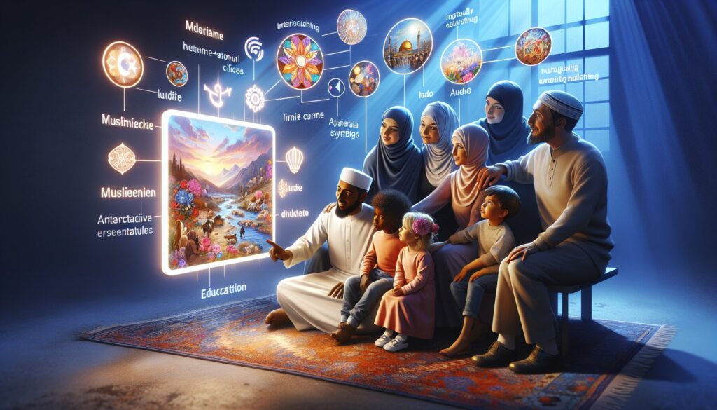Family gathered around a mobile, exploring vibrant Islamic storytelling app features.