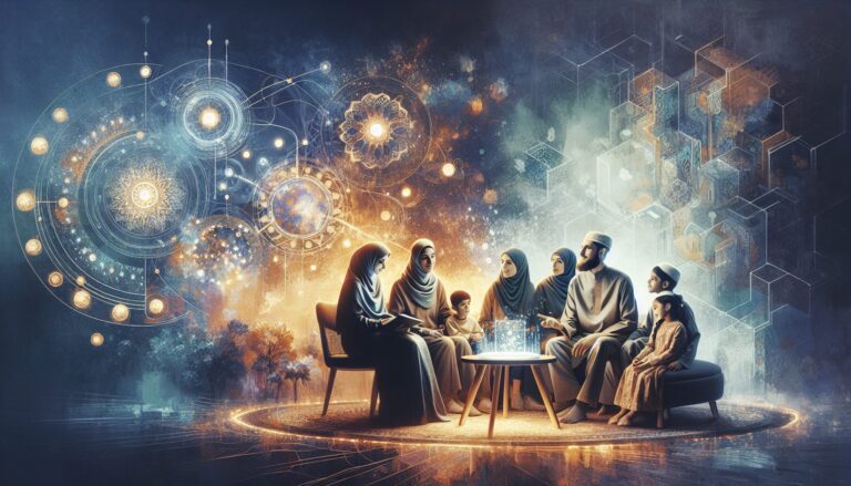 Family in cozy home using storytelling app with Islamic art on screen.