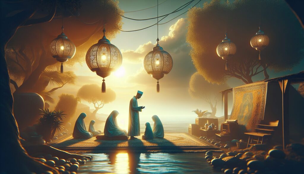 Muslim children playing prayer teaching games for Muslims with colorful learning materials