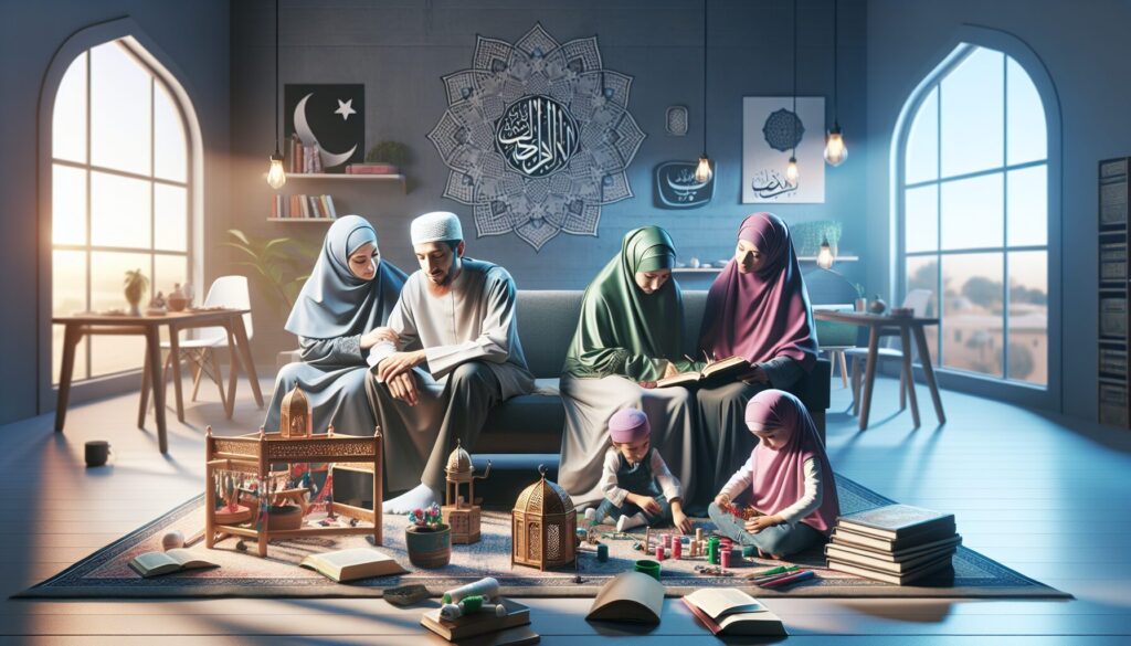 Muslim family creating prayer teaching games for Muslims with colorful craft materials at home