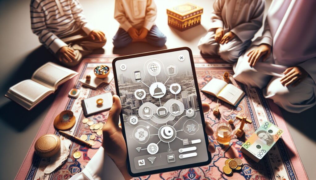 Muslim family using prayer teaching games for Muslims on tablet during prayer time
