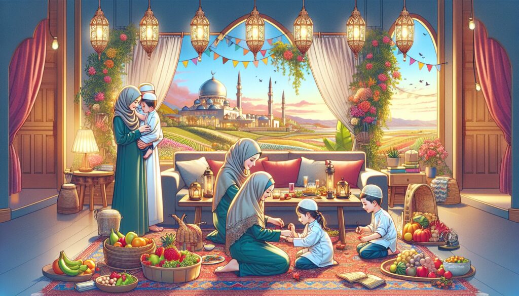 Preschoolers doing Ramadan activities with crafts and prayer items in a bright family room