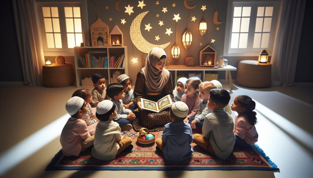 Preschoolers enjoying Ramadan activities for preschoolers during story time with their teacher