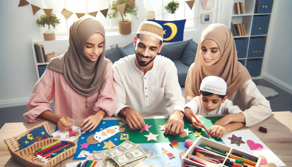 Family enjoying Ramadan activities for preschoolers while hanging handmade decorations together