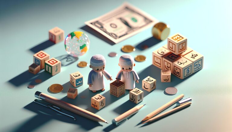 Muslim children play with Arabic letter blocks reflecting Islamic baby names for identity