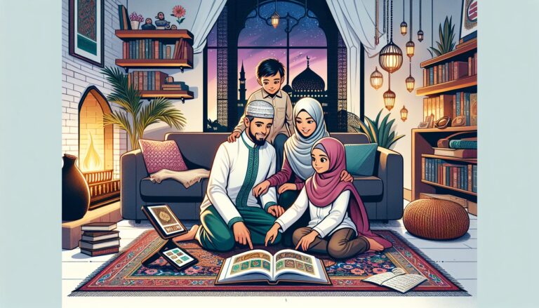 Muslim family enjoying Islamic bedtime stories for kids on a tablet together