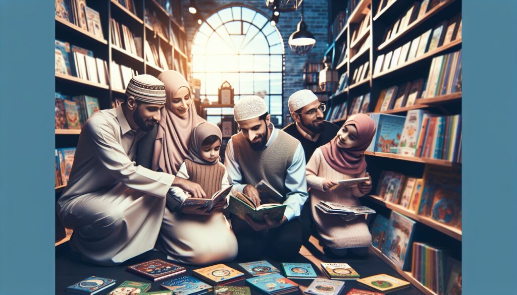 Muslim family choosing Islamic bedtime stories for kids in a bookstore