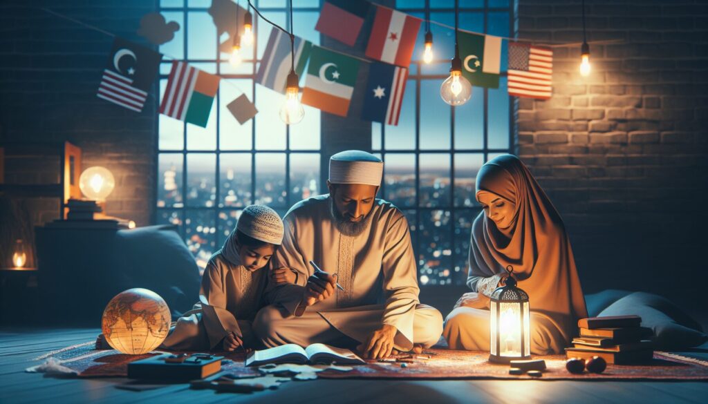Muslim family practicing Islamic bedtime routines for kids together in bedroom