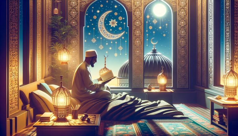 Child's peaceful bedroom showcasing Islamic bedtime routines for kids with storybook and soft lighting