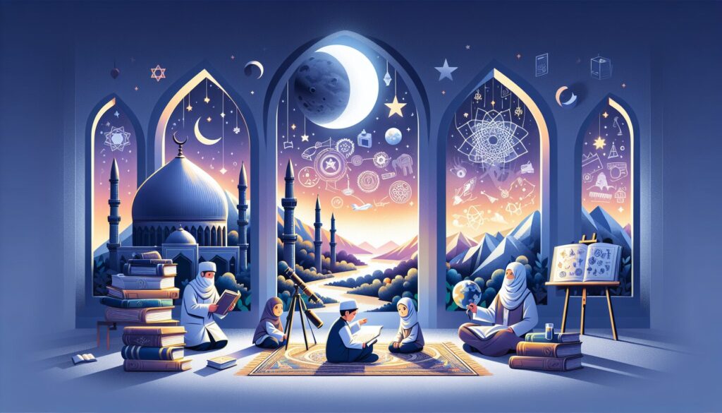 Muslim kids exploring stars during bedtime routines with parents and science books