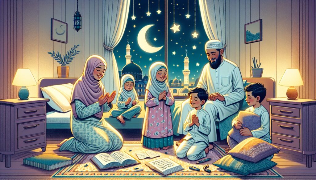 Muslim family practicing bedtime routines for Muslim kids with prayers and storytelling