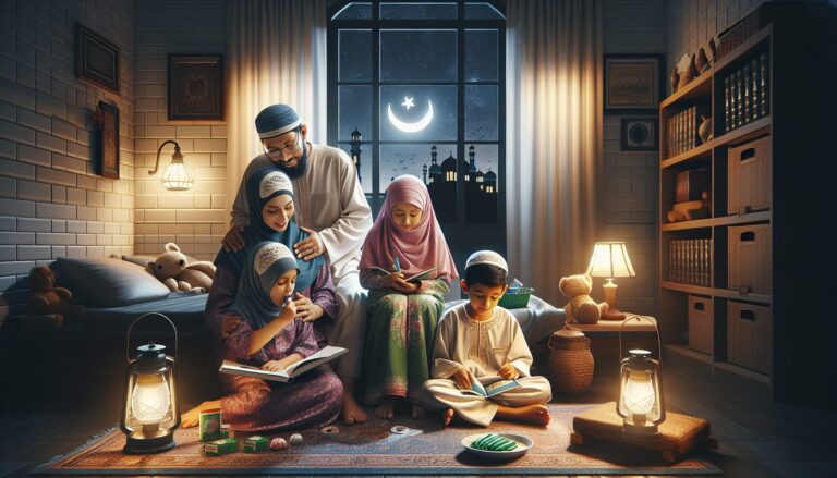 Muslim parents helping children with bedtime routines for Muslim kids in decorated bedroom