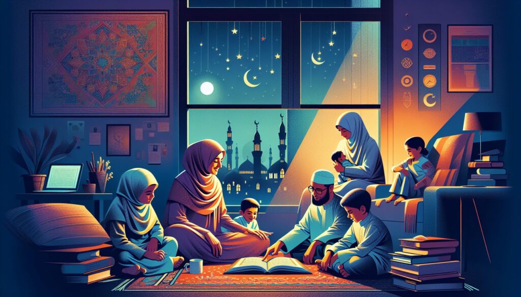 Muslim mother teaching bedtime duas for muslim children in cozy evening room