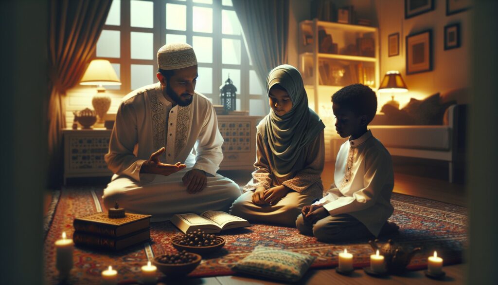 Father teaching bedtime duas for Muslim children in softly lit bedroom