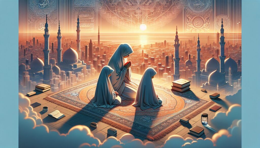 Parent teaching bedtime duas for Muslim children in softly lit bedroom